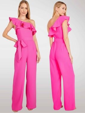 NWT Lilly Pulitzer One-Shoulder Ruffle Lyra Jumpsuit in Raz Berry